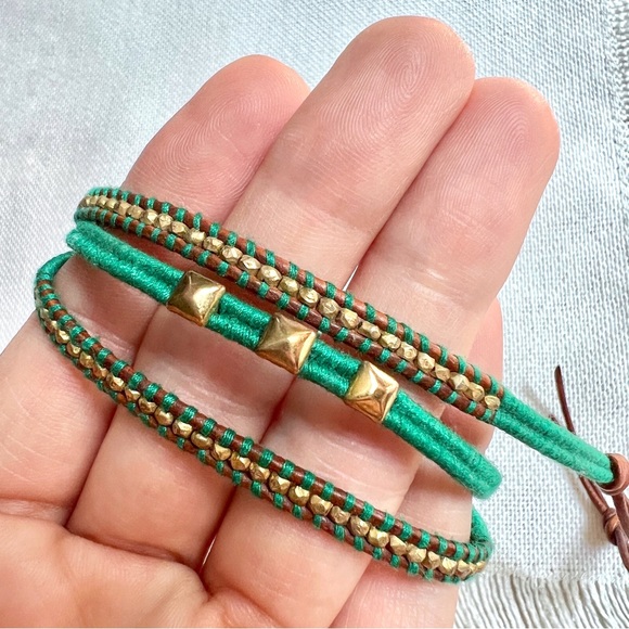 CHAN LUU Sterling & Gold Vermeil Nugget & Leather Green Wrap Boho Bracelet - Picture 4 of 6